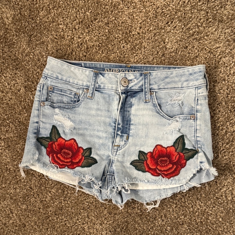 American Eagle Outfitters Light Blue Jean Shorts with Red Floral Design